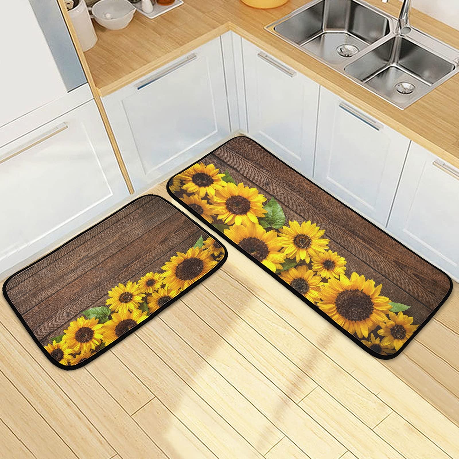 Kitchen Carpet Set 2 Piece 19.7"x27.6"+19.7"x47.2", Non-Slip Kitchen Mats and Rugs, Soft, Super Absorbent, Washable Kitchen Doormat Carpet Mat (Country Style Sunflower 03)