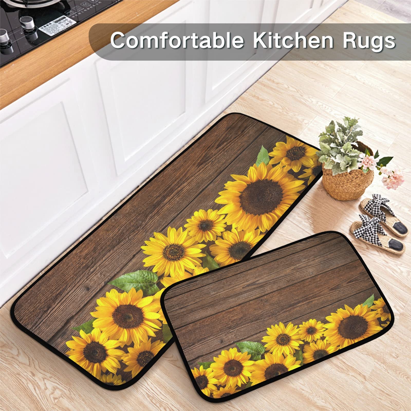 Kitchen Carpet Set 2 Piece 19.7"x27.6"+19.7"x47.2", Non-Slip Kitchen Mats and Rugs, Soft, Super Absorbent, Washable Kitchen Doormat Carpet Mat (Country Style Sunflower 03)