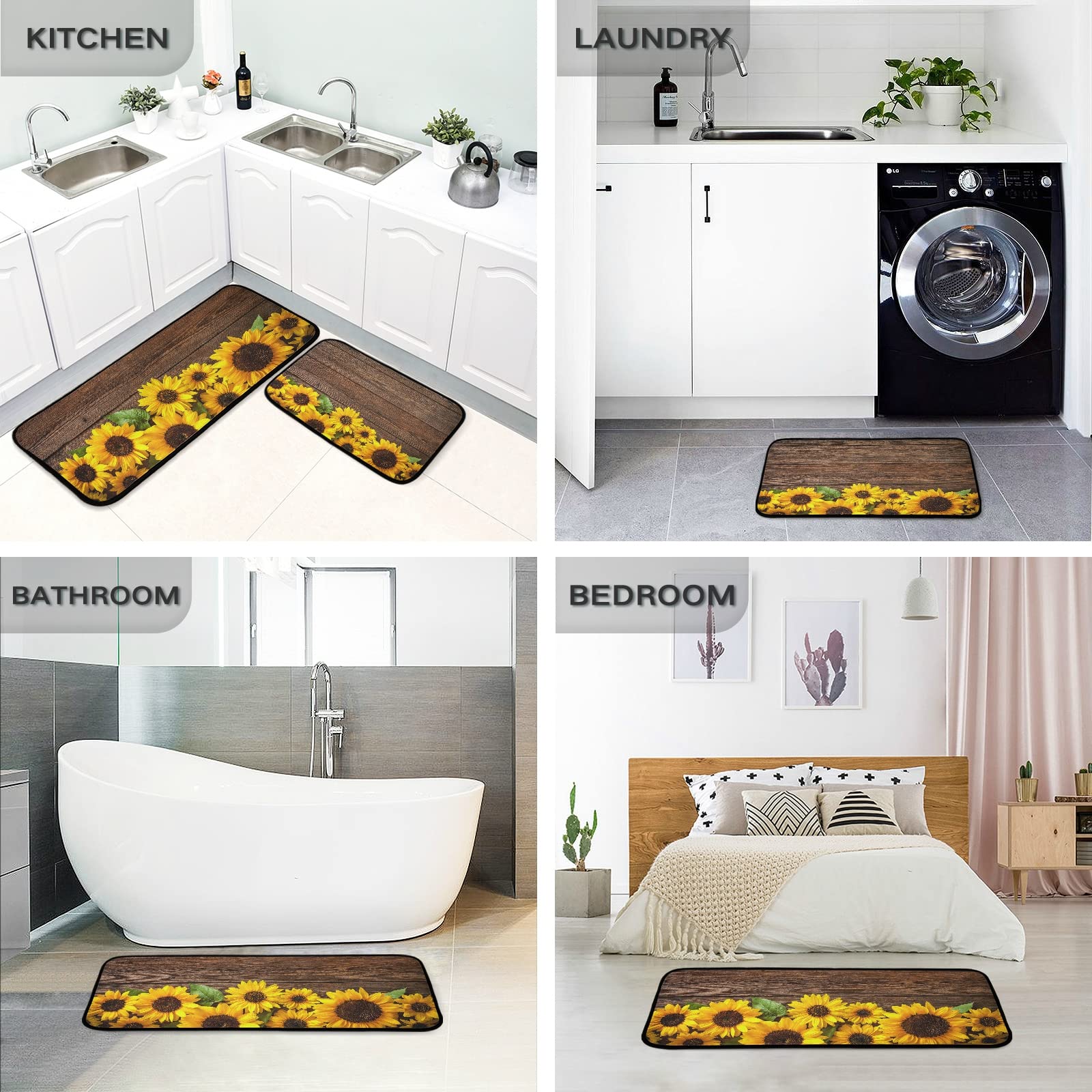 Kitchen Carpet Set 2 Piece 19.7"x27.6"+19.7"x47.2", Non-Slip Kitchen Mats and Rugs, Soft, Super Absorbent, Washable Kitchen Doormat Carpet Mat (Country Style Sunflower 03)