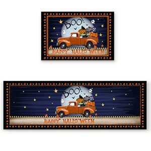 2 Piece Halloween Boo Kitchen Rug SetScary Night Orange Truck Pull Pumpkin Crow Comfort Doormat Absorbent Bathroom Carpet Non Slip Area Rug Pad Home Decor Mat (15.7" x 23.6"+15.7" x 47.2")