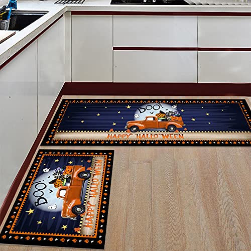 2 Piece Halloween Boo Kitchen Rug SetScary Night Orange Truck Pull Pumpkin Crow Comfort Doormat Absorbent Bathroom Carpet Non Slip Area Rug Pad Home Decor Mat (15.7" x 23.6"+15.7" x 47.2")