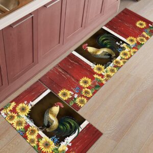 Kitchen Rugs Sets 2 Piece Floor Mats Sunflower Farmhouse Rooster Red Wood Grain Durable Doormat Non-Slip Rubber Backing Area Rugs Washable Carpet Inside Door Mat Pad Sets-19.7" x 31.5"+19.7" x 47.2"