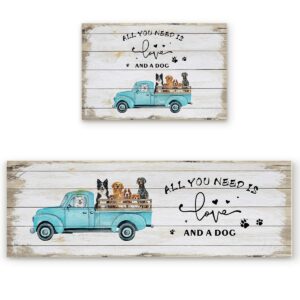 z&l home farm blue truck with pet dogs kitchen rug sets 2 piece floor mat non-slip rubber backing area runners door mats, wooden grain indoor washable carpet