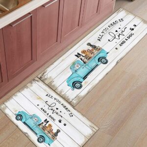 Z&L Home Farm Blue Truck with Pet Dogs Kitchen Rug Sets 2 Piece Floor Mat Non-Slip Rubber Backing Area Runners Door Mats, Wooden Grain Indoor Washable Carpet