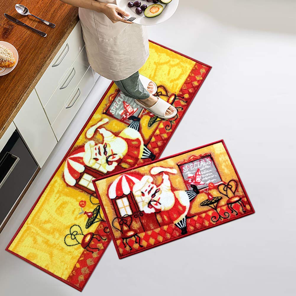 FAMIFIRST Kitchen Rug 2 Piece Non Slip Kitchen Mat Latex Backing Door Mat Floor Mat Kitchen Decor Set, 16''x47''+16''x23'', Bannock Chef