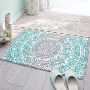 Door mat Turquoise Grey Flower Furry Door Mat Fluffy Area Rug - 18" x 30" Non-Slip Absorbent Bathroom Rugs, Floral Abstract Art Aesthetics Washable Indoor Carpet Runner for Bedroom Laundry