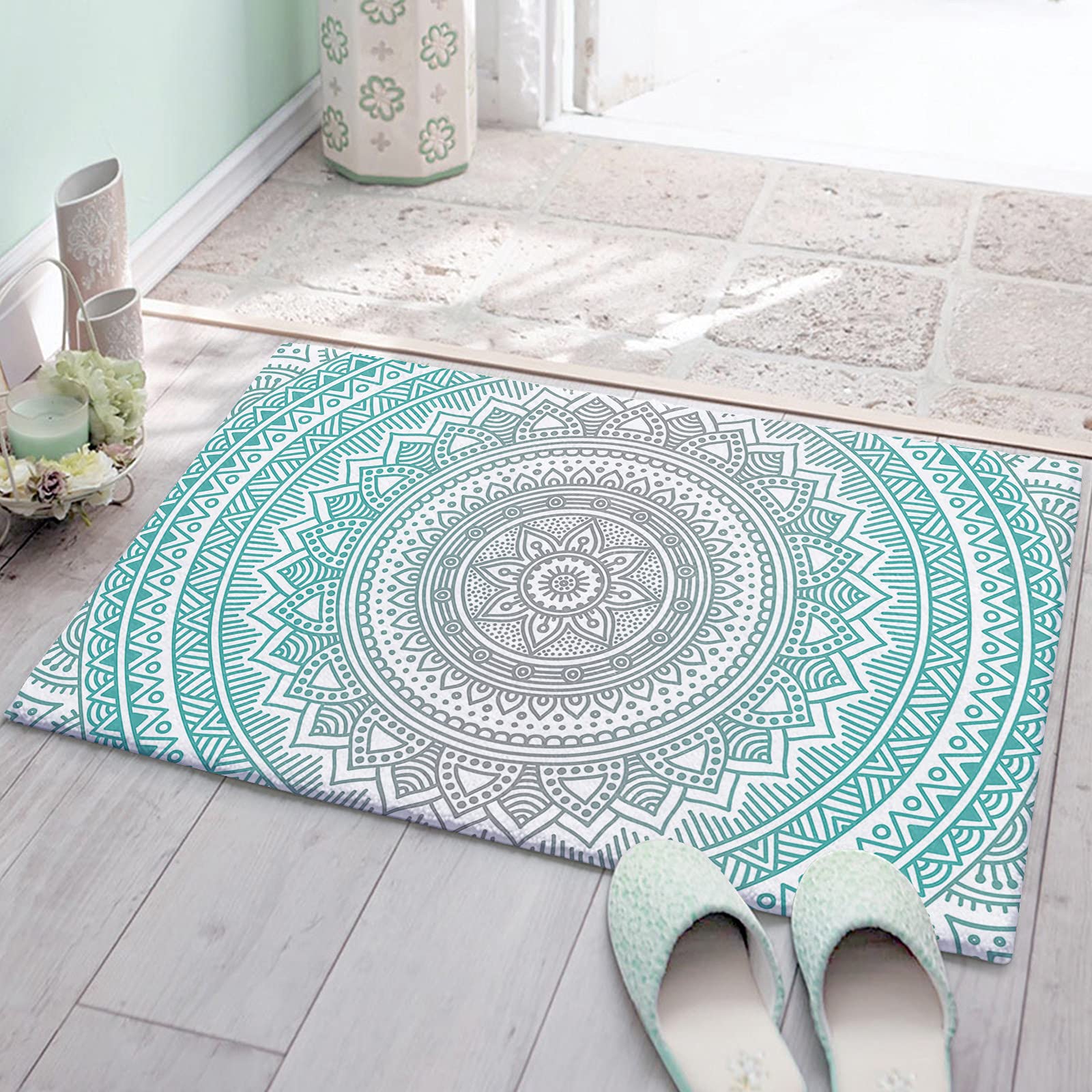 Door mat Turquoise Grey Flower Furry Door Mat Fluffy Area Rug - 18" x 30" Non-Slip Absorbent Bathroom Rugs, Floral Abstract Art Aesthetics Washable Indoor Carpet Runner for Bedroom Laundry