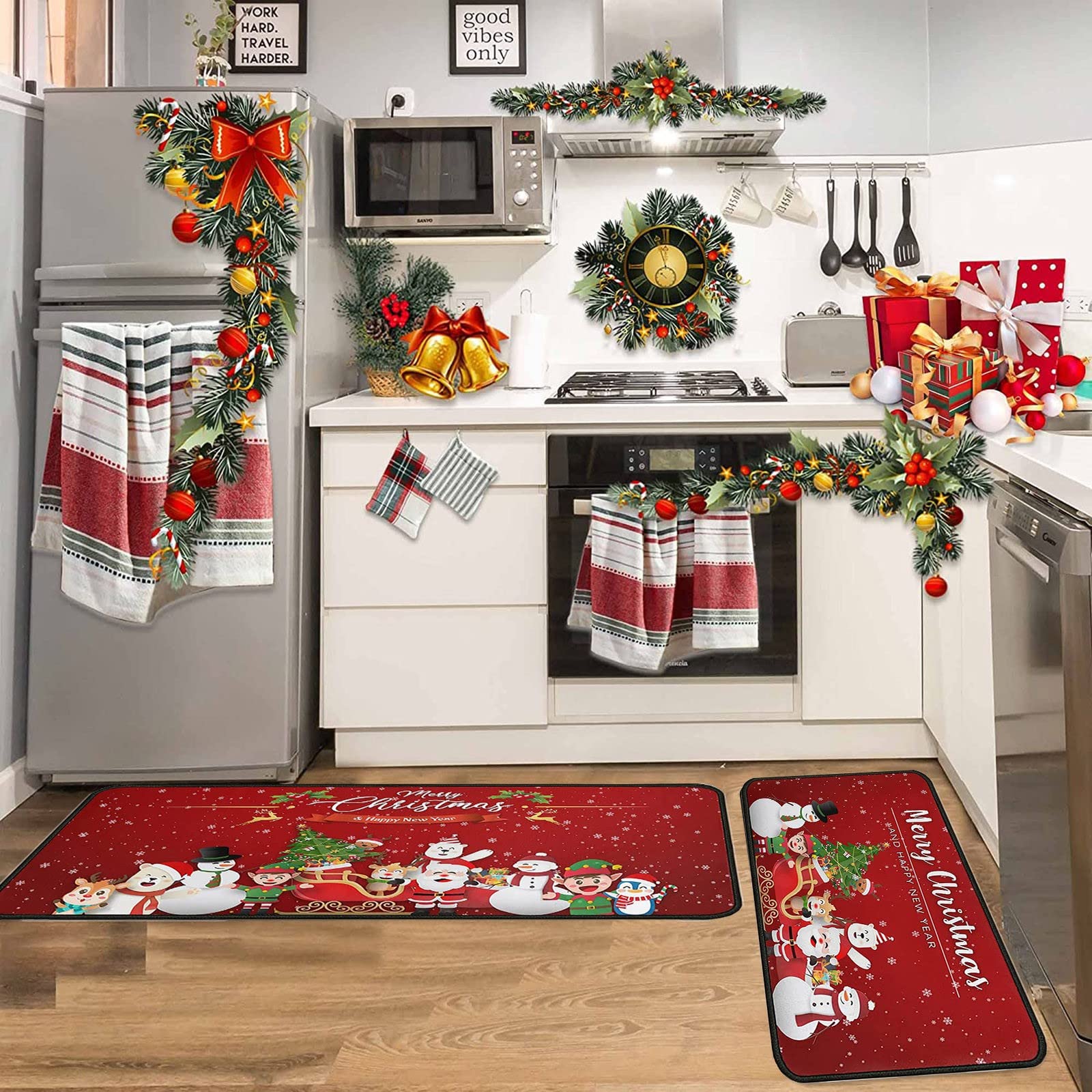 ROTORS Christmas Red Lattice Kitchen Rug Set 2 Piece, Cushioned Anti-Fatigue Kitchen Floor Mats Waterproof Easy to Clean, Comfort Standing Kitchen Mat Set with Non-Slip Latex