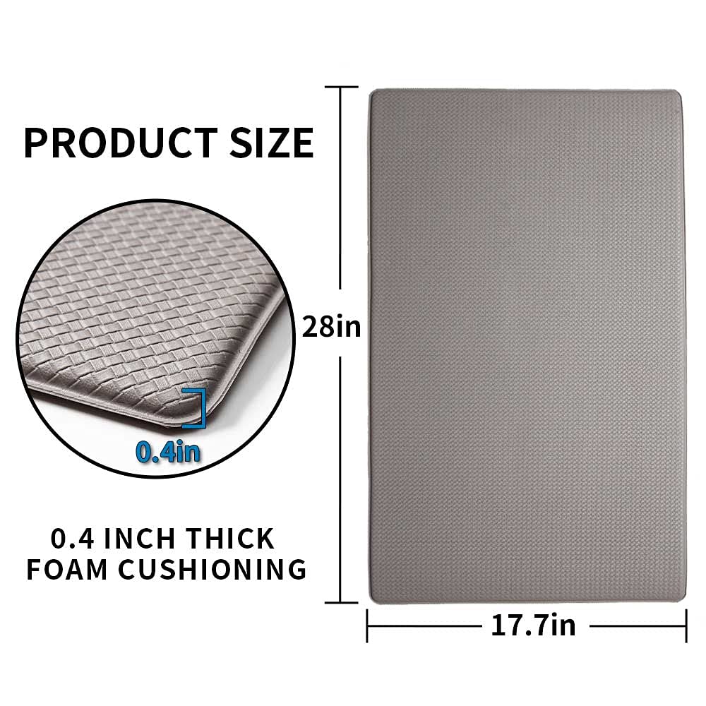 Kitchen Rugs Cushioned Anti Fatigue Mat, Memory Foam , Waterproof,Non-Slip,Heavy Duty PVC,Standing Kitchen Mat for Kitchen, Floor Home, Office, Sink,17.7"x28", Grey