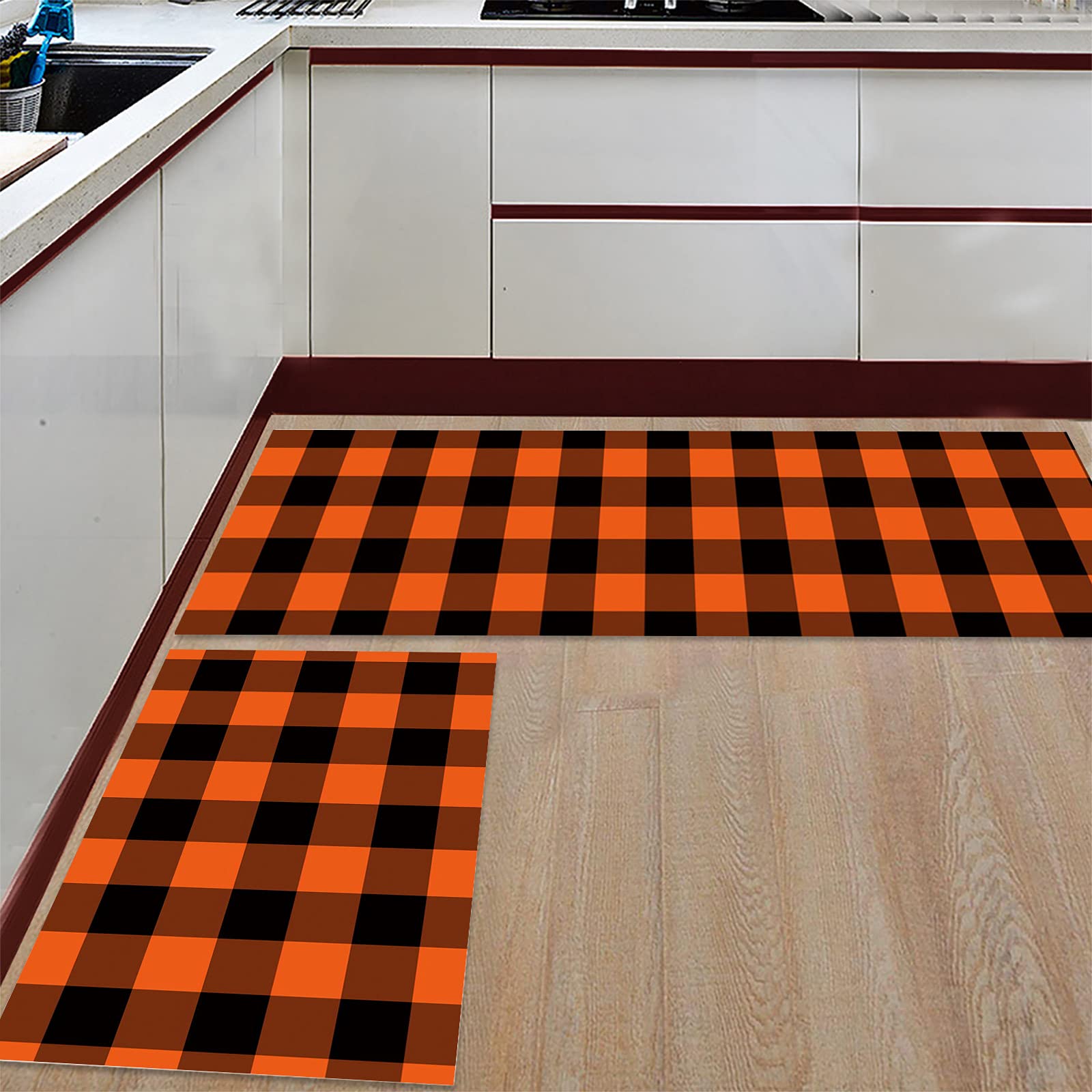 Savannan Kitchen Runner Rug Set 2 PCS, Halloween Orange and Black Buffalo Checke Plaid Runner Carpet Door Mats with Non Slip Rubber Backing Floor Mat for Laundry Bedside