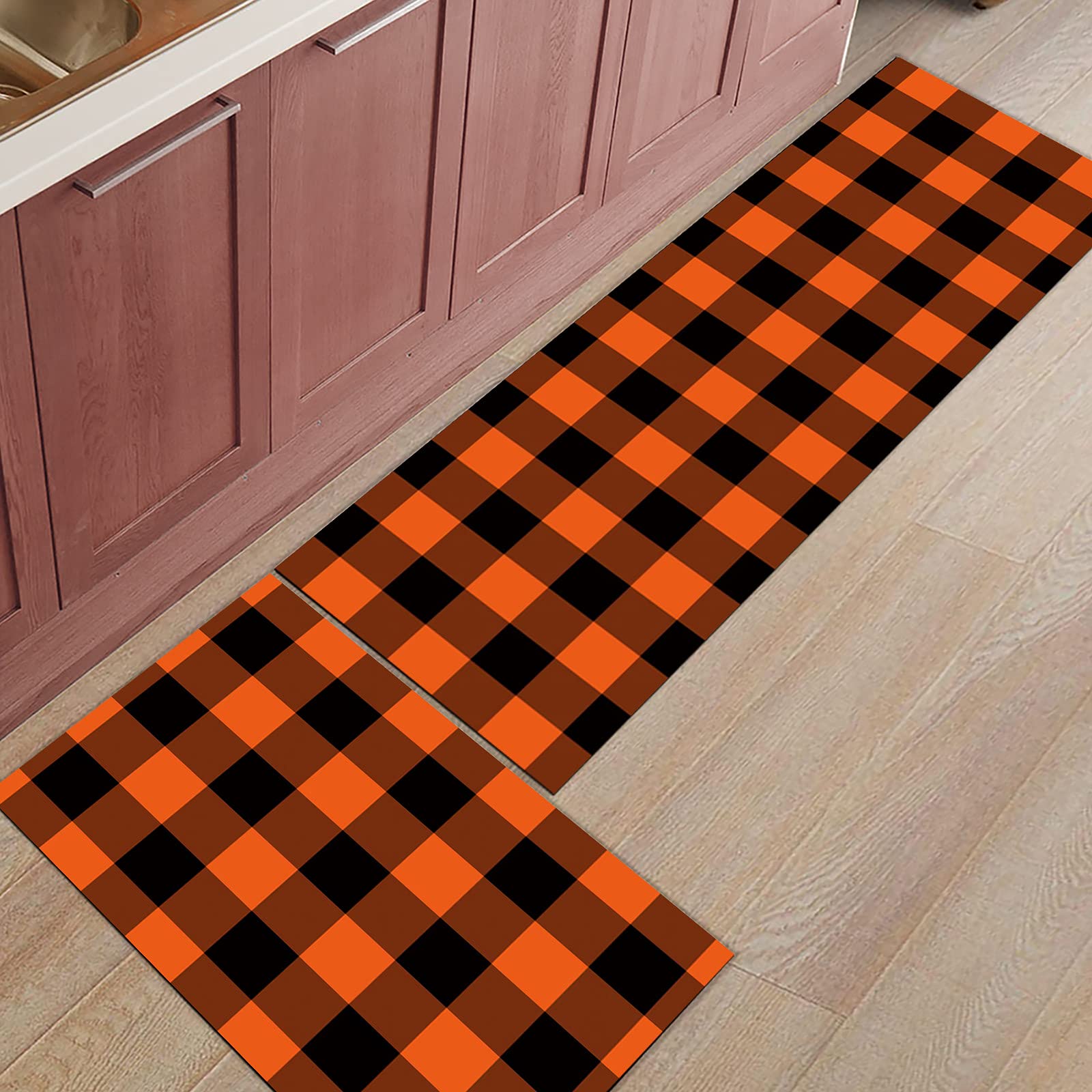 Savannan Kitchen Runner Rug Set 2 PCS, Halloween Orange and Black Buffalo Checke Plaid Runner Carpet Door Mats with Non Slip Rubber Backing Floor Mat for Laundry Bedside
