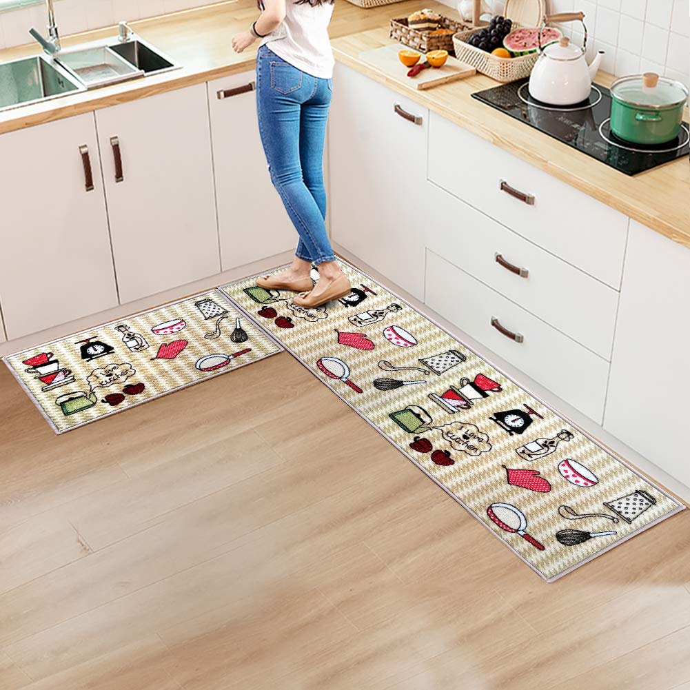 FAMIFIRST Kitchen Rug 2 Piece Printed Nylon Kitchen Mat Latex Backing Machine Washable, 16''x47''+16''x23'', Dinnerware