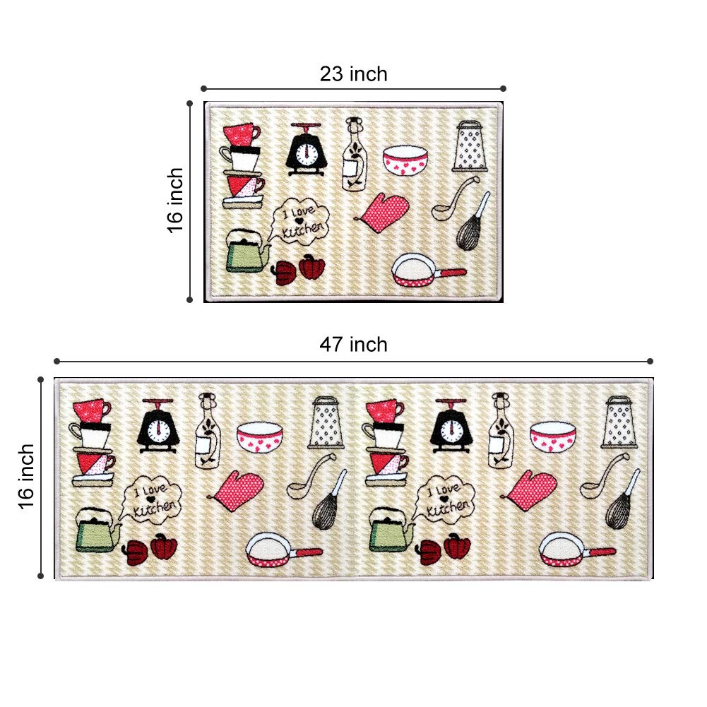 FAMIFIRST Kitchen Rug 2 Piece Printed Nylon Kitchen Mat Latex Backing Machine Washable, 16''x47''+16''x23'', Dinnerware