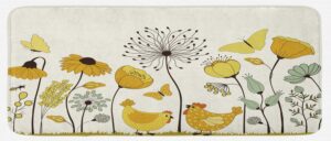 lunarable spring kitchen mat, polka dotted chicken and hen flying butterflies among spring flowers, plush decorative kitchen mat with non slip backing, 47" x 19", yellow mustard