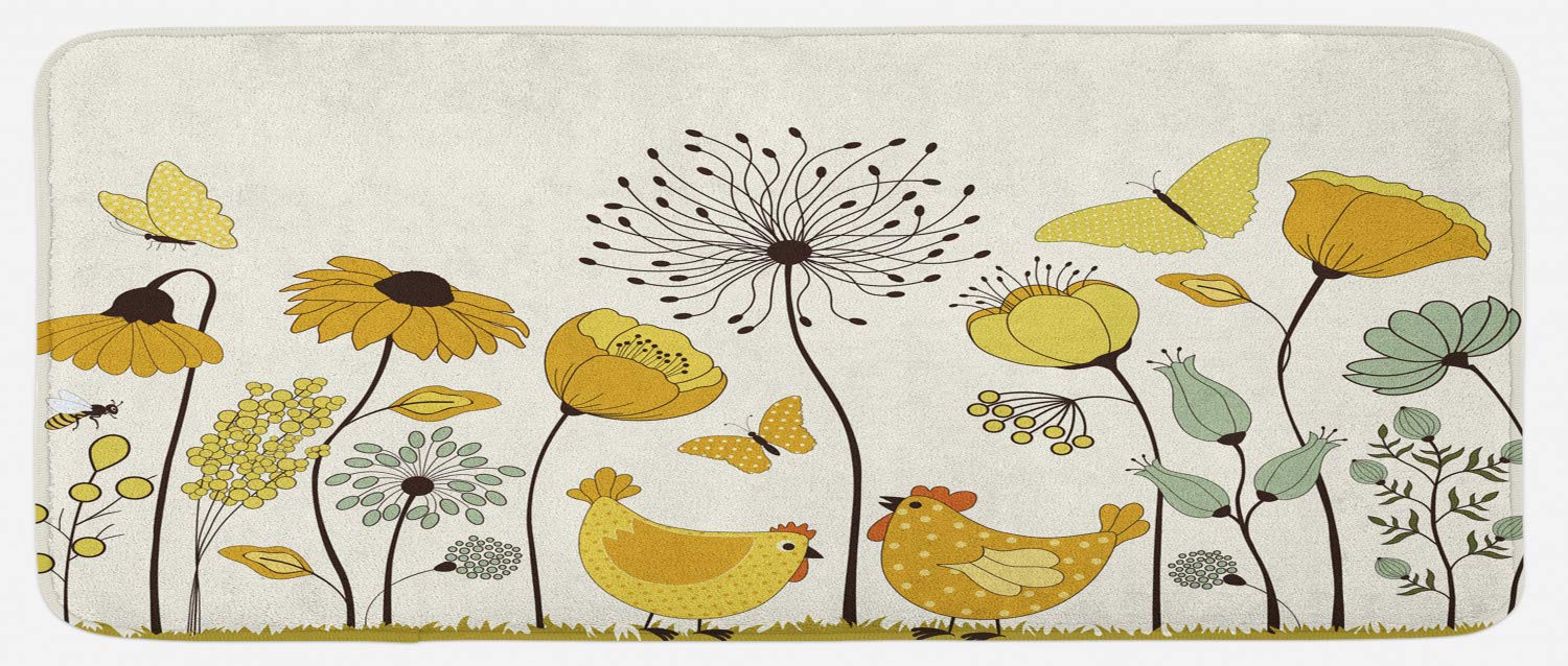 Lunarable Spring Kitchen Mat, Polka Dotted Chicken and Hen Flying Butterflies Among Spring Flowers, Plush Decorative Kitchen Mat with Non Slip Backing, 47" X 19", Yellow Mustard