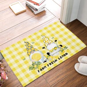 door mat for bedroom decor, gnome summer fruit lemon yellow buffalo plaid floor mats, holiday rugs for living room, absorbent non-slip bathroom rugs home decor kitchen mat area rug 18x30 inch