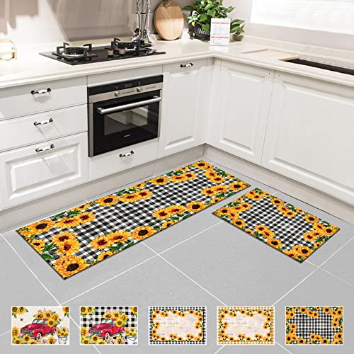 HuHuBubble Sunflower Kitchen Mats and Rugs Set, 2 Pcs for Floor, Non slip Mat Waterproof Machine Washable Rugs, Home Decor Kitchen, Office, Laundry (15.7x23.6in+15.7x47.2in)