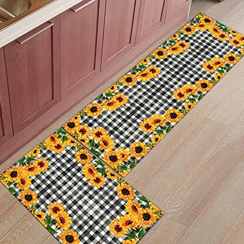 HuHuBubble Sunflower Kitchen Mats and Rugs Set, 2 Pcs for Floor, Non slip Mat Waterproof Machine Washable Rugs, Home Decor Kitchen, Office, Laundry (15.7x23.6in+15.7x47.2in)