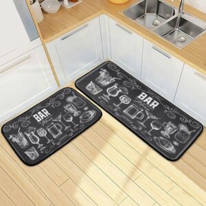 Set of Cocktails 2 Piece Kitchen Rugs and Mats Set Washable Runner Rug Carpets Set Bedroom Laundry Bathroom Area Rugs 19.7x47.2+19.7x27.6 Menu of Restaurants and Bars