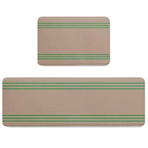 2 pcs cushioned anti-fatigue kitchen mats and rugs, retro brown absorbent bath mat non-slip rug accent runner floor carpet washable indoor doormat standing comfort mat green abstract geometry stripe