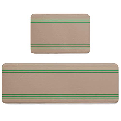 2 PCS Cushioned Anti-Fatigue Kitchen Mats and Rugs, Retro Brown Absorbent Bath Mat Non-Slip Rug Accent Runner Floor Carpet Washable Indoor Doormat Standing Comfort Mat Green Abstract Geometry Stripe