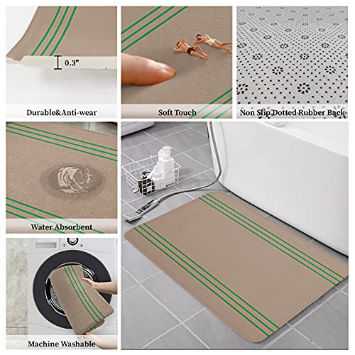 2 PCS Cushioned Anti-Fatigue Kitchen Mats and Rugs, Retro Brown Absorbent Bath Mat Non-Slip Rug Accent Runner Floor Carpet Washable Indoor Doormat Standing Comfort Mat Green Abstract Geometry Stripe