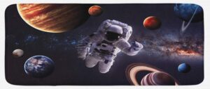 ambesonne outer space kitchen mat, astronaut between planets mars neptune jupiter plasma ethereal sphere picture, plush decorative kitchen mat with non slip backing, 47" x 19", dark blue