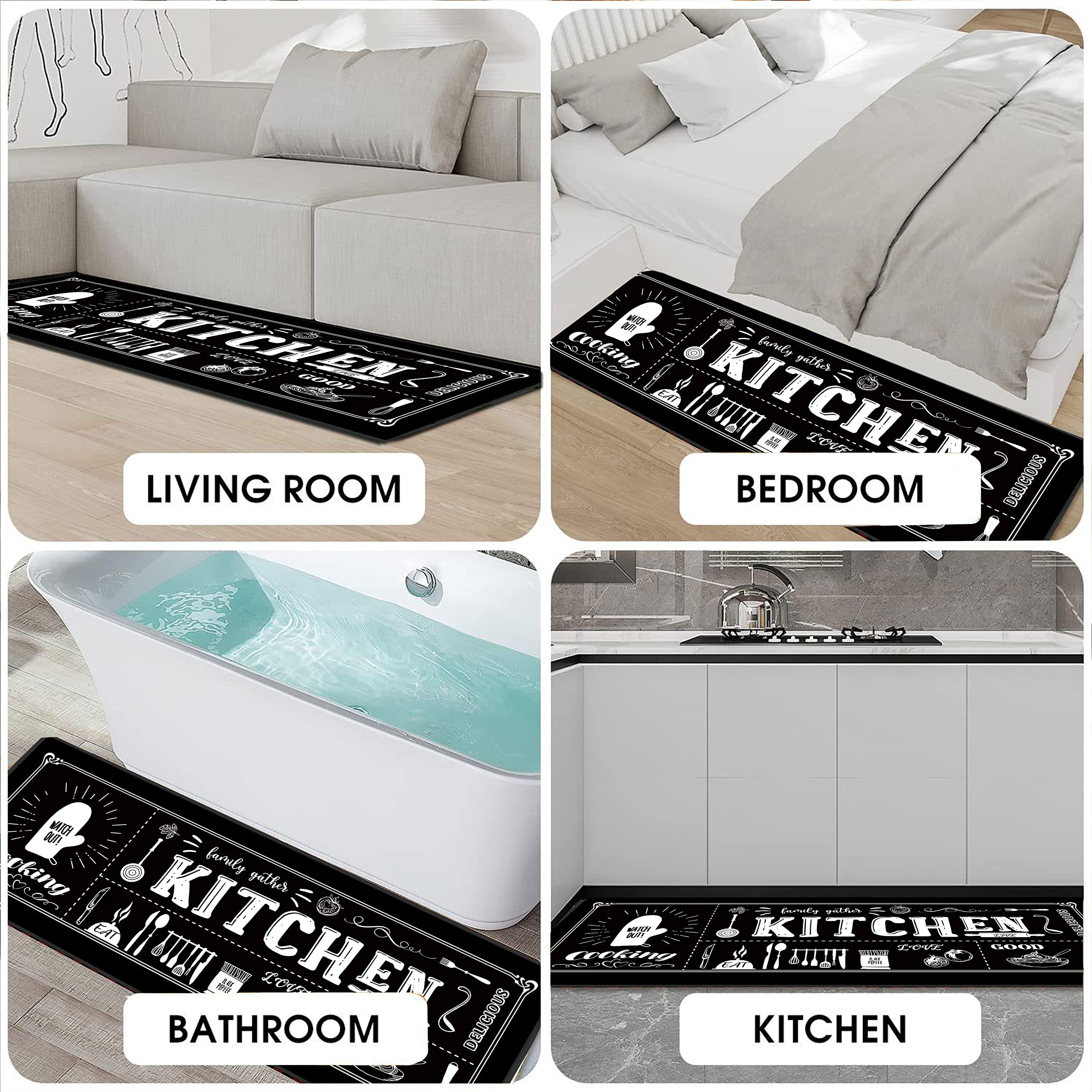 Kitchen Utensils Rugs Black Kitchen Mats for Floor 2 Piece, Anti Fatigue Floor Mat for Kitchen, Kitchen Floor Mats for in Front of Sink and Kitchen Matt for Standing for Kitchen Decor 17"X30"+17"X47"…