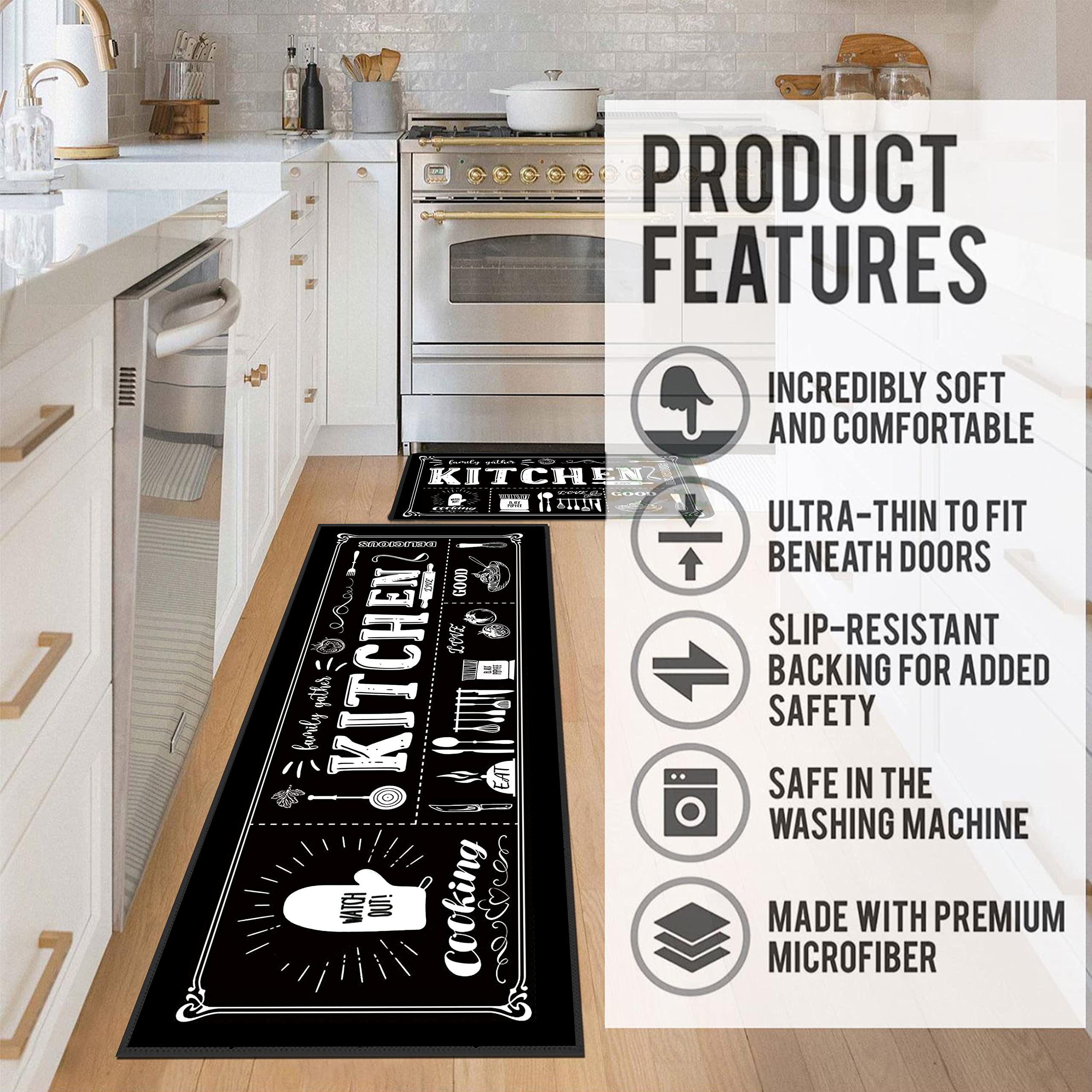 Kitchen Utensils Rugs Black Kitchen Mats for Floor 2 Piece, Anti Fatigue Floor Mat for Kitchen, Kitchen Floor Mats for in Front of Sink and Kitchen Matt for Standing for Kitchen Decor 17"X30"+17"X47"…