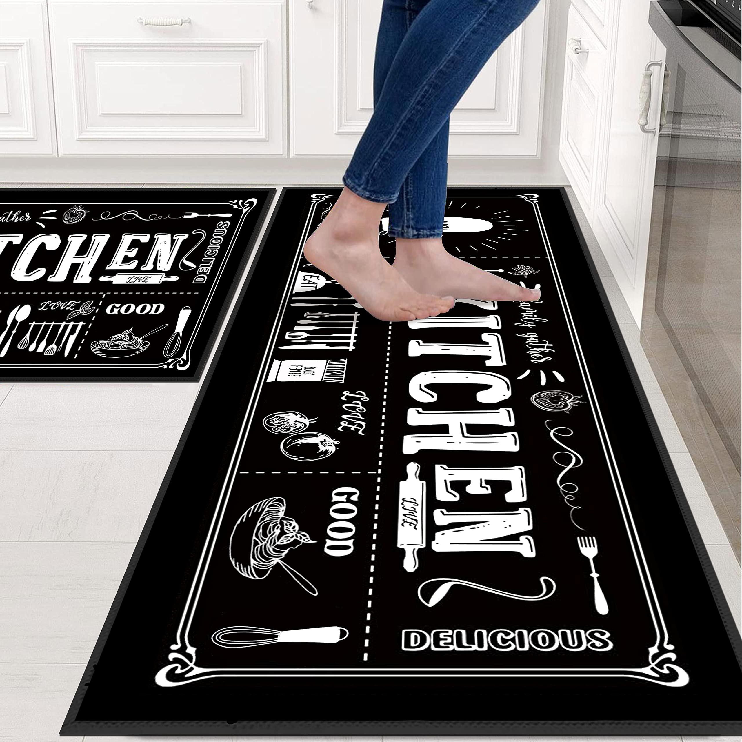 Kitchen Utensils Rugs Black Kitchen Mats for Floor 2 Piece, Anti Fatigue Floor Mat for Kitchen, Kitchen Floor Mats for in Front of Sink and Kitchen Matt for Standing for Kitchen Decor 17"X30"+17"X47"…