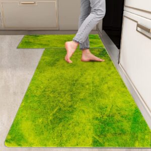 ryanza 2 pieces kitchen rugs, abstract anti fatigue non slip foam cushioned forest green graffiti art comfort indoor floor mat runner rug set for laundry office sink bathroom (17"x48"+17"x24")