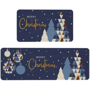 mloabuc merry christmas kitchen mats set of 2, anti fatigue waterproof stain resistant floor rug blue christmas decorative non slip cushioned floor mat - 17x29 and 17x47 inch