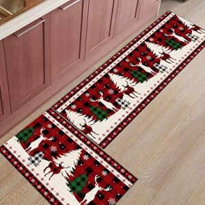 2 piece christmas kitchen rug set christmas tree reindeer indoor floor mats for winter, xmas door mat runner rug carpet mat for kitchen home decor (15.7"x23.6" + 15.7"x47.2") - red black buffalo plaid
