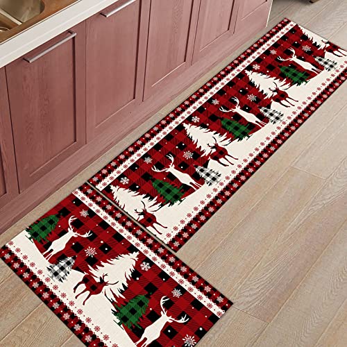 2 Piece Christmas Kitchen Rug Set Christmas Tree Reindeer Indoor Floor Mats for Winter, Xmas Door Mat Runner Rug Carpet Mat for Kitchen Home Decor (15.7"x23.6" + 15.7"x47.2") - Red Black Buffalo Plaid