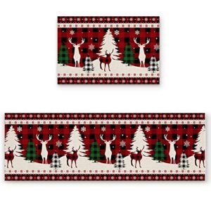 2 Piece Christmas Kitchen Rug Set Christmas Tree Reindeer Indoor Floor Mats for Winter, Xmas Door Mat Runner Rug Carpet Mat for Kitchen Home Decor (15.7"x23.6" + 15.7"x47.2") - Red Black Buffalo Plaid