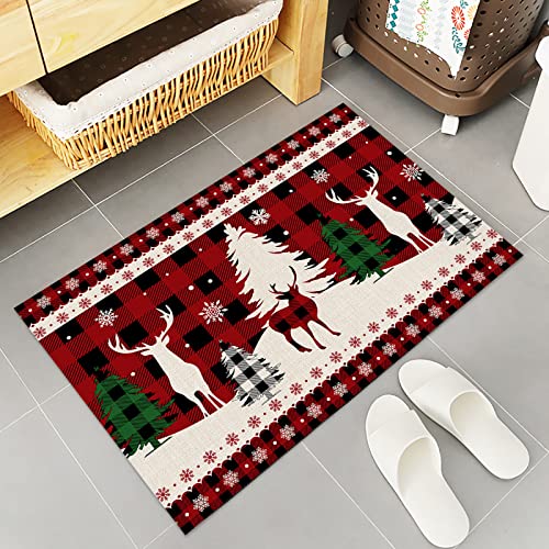 2 Piece Christmas Kitchen Rug Set Christmas Tree Reindeer Indoor Floor Mats for Winter, Xmas Door Mat Runner Rug Carpet Mat for Kitchen Home Decor (15.7"x23.6" + 15.7"x47.2") - Red Black Buffalo Plaid