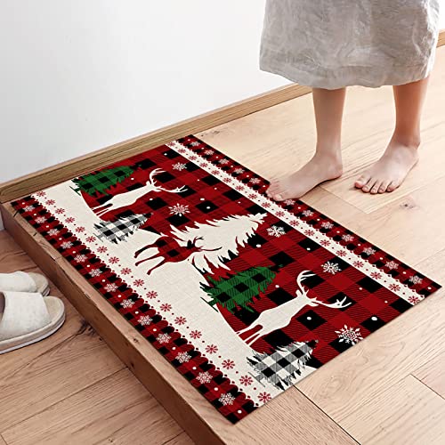 2 Piece Christmas Kitchen Rug Set Christmas Tree Reindeer Indoor Floor Mats for Winter, Xmas Door Mat Runner Rug Carpet Mat for Kitchen Home Decor (15.7"x23.6" + 15.7"x47.2") - Red Black Buffalo Plaid