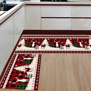 2 Piece Christmas Kitchen Rug Set Christmas Tree Reindeer Indoor Floor Mats for Winter, Xmas Door Mat Runner Rug Carpet Mat for Kitchen Home Decor (15.7"x23.6" + 15.7"x47.2") - Red Black Buffalo Plaid