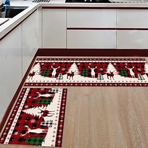 2 Piece Christmas Kitchen Rug Set Christmas Tree Reindeer Indoor Floor Mats for Winter, Xmas Door Mat Runner Rug Carpet Mat for Kitchen Home Decor (15.7"x23.6" + 15.7"x47.2") - Red Black Buffalo Plaid