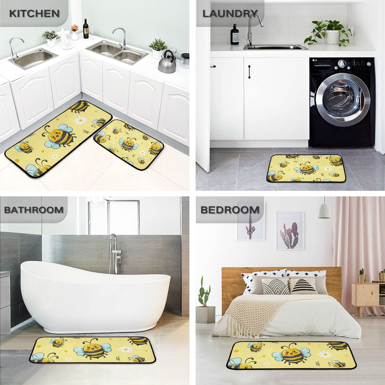 JIPONI Cute Honey Bee Cartoon Kitchen Rugs Set of 2 Pieces, Non Slip Cushioned Anti Fatigue Mats for Kitchen Floor, 19.7" X27.6+19.7" X47.2 Heavy Duty Comfort Standing Mats