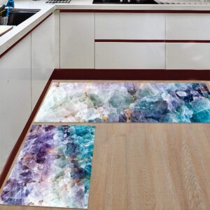 kitchen rugs, marble texture watercolor art purple green non slip runner rug mat for floor, kitchen, bedside, sink, office, laundry, set of 2