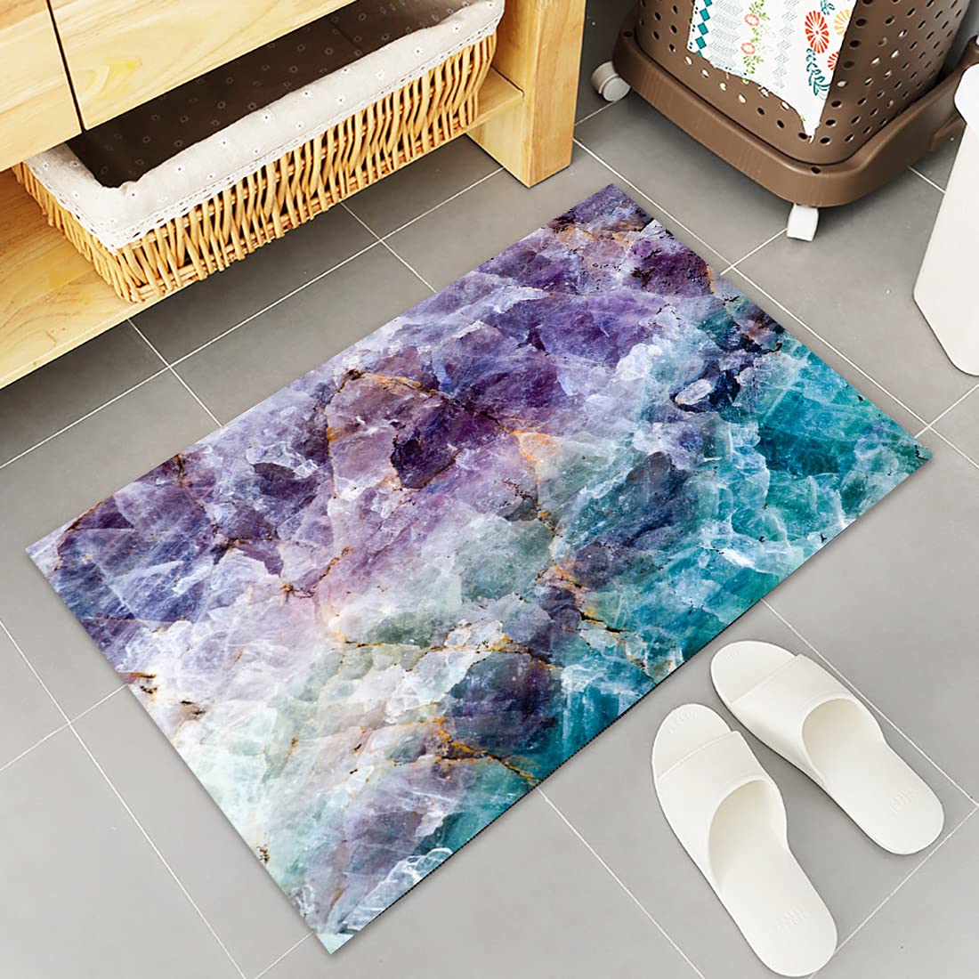 Kitchen Rugs, Marble Texture Watercolor Art Purple Green Non Slip Runner Rug Mat for Floor, Kitchen, Bedside, Sink, Office, Laundry, Set of 2