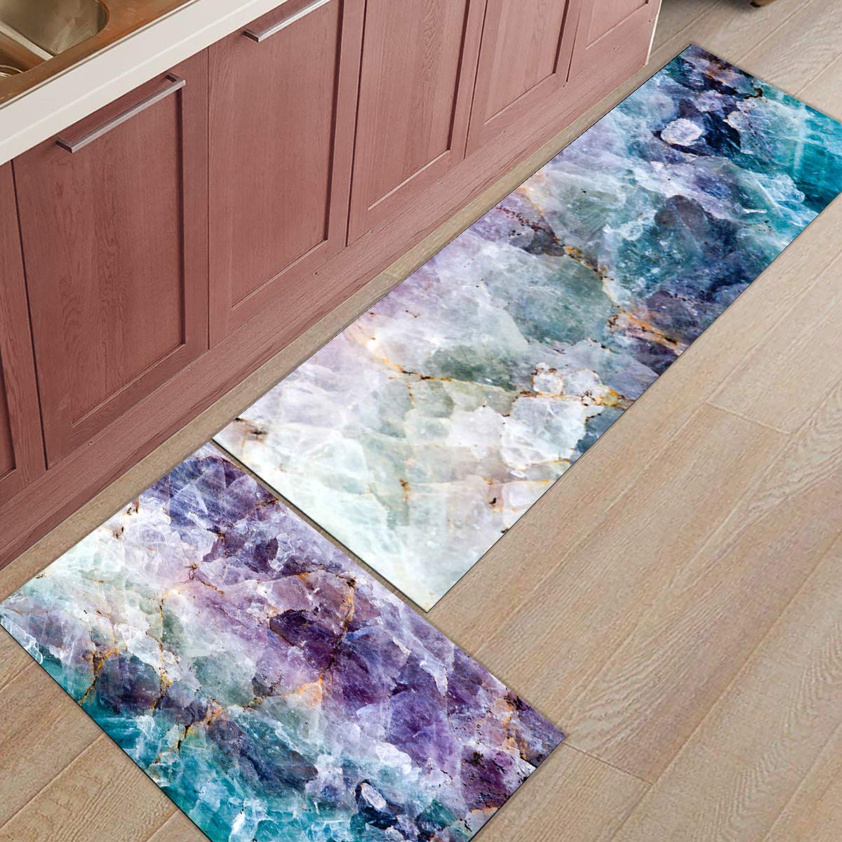 Kitchen Rugs, Marble Texture Watercolor Art Purple Green Non Slip Runner Rug Mat for Floor, Kitchen, Bedside, Sink, Office, Laundry, Set of 2