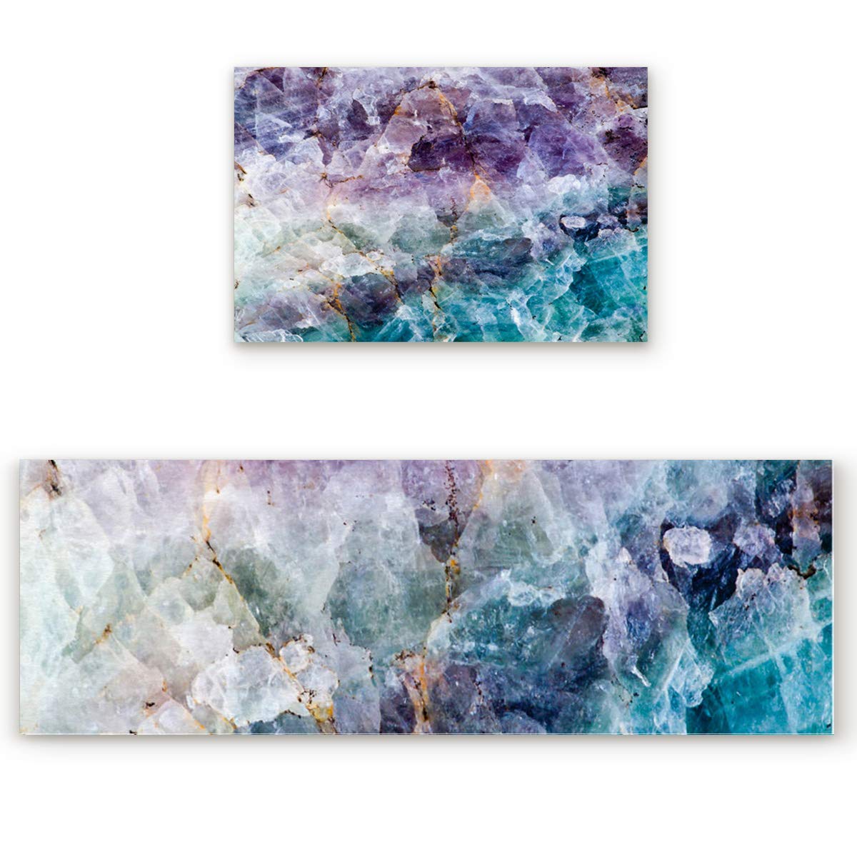 Kitchen Rugs, Marble Texture Watercolor Art Purple Green Non Slip Runner Rug Mat for Floor, Kitchen, Bedside, Sink, Office, Laundry, Set of 2