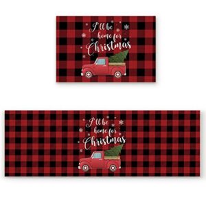 Christmas Kitchen Mat Set of 2, Red Truck Non-Slip Floor Mat Set, Red Buffalo Plaid Xmas Tree Kitchen Rug Runner for Bathroom Living Room, Microfiber Doormat Washable Carpets Holiday Rugs