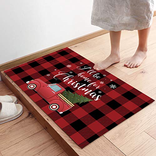Christmas Kitchen Mat Set of 2, Red Truck Non-Slip Floor Mat Set, Red Buffalo Plaid Xmas Tree Kitchen Rug Runner for Bathroom Living Room, Microfiber Doormat Washable Carpets Holiday Rugs