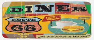 lunarable route 66 kitchen mat, nostalgic diner signboard grunge toned food drink coffee burger illustration, plush decorative kitchen mat with non slip backing, 47" x 19", multicolor