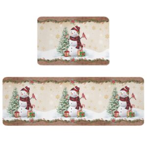 christmas cardinal bird kitchen mats and rugs set of 2, snowman xmas tree snowflake washable absorbent kitchen runner rug rustic brown wood carpet anti-fatigue comfort mat for kitchen bathroom laundry