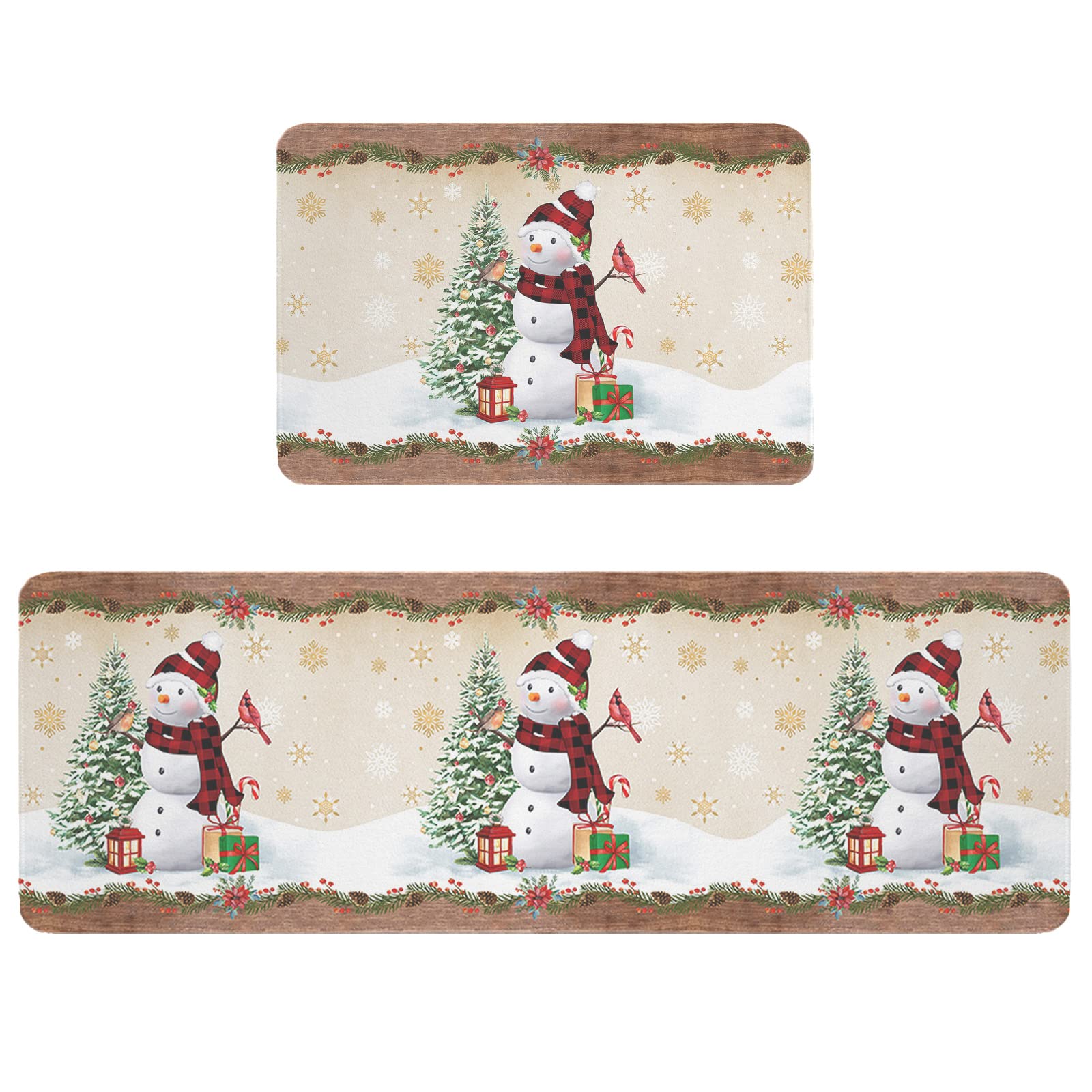 Christmas Cardinal Bird Kitchen Mats and Rugs Set of 2, Snowman Xmas Tree Snowflake Washable Absorbent Kitchen Runner Rug Rustic Brown Wood Carpet Anti-Fatigue Comfort Mat for Kitchen Bathroom Laundry