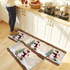 Christmas Cardinal Bird Kitchen Mats and Rugs Set of 2, Snowman Xmas Tree Snowflake Washable Absorbent Kitchen Runner Rug Rustic Brown Wood Carpet Anti-Fatigue Comfort Mat for Kitchen Bathroom Laundry